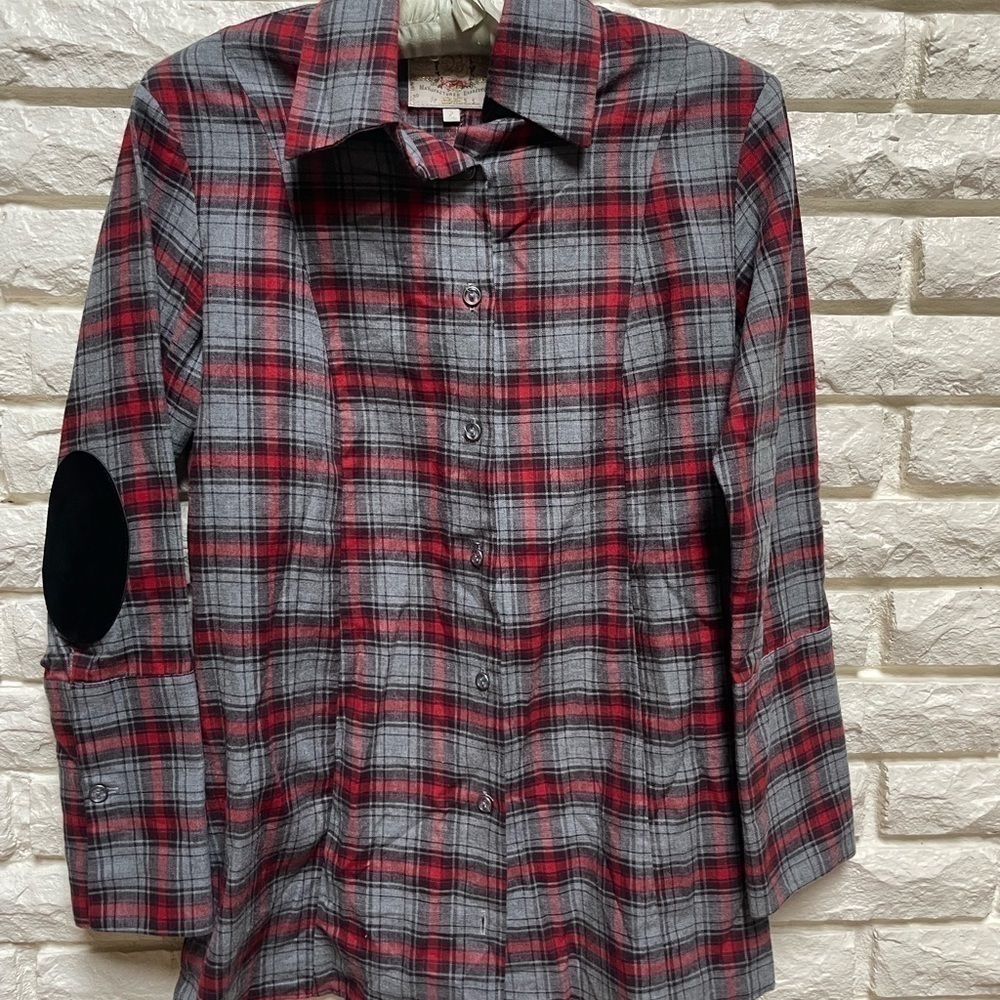 Bell by Alicia Bell Gray Red Plaid leather elbow patch button front shirt sz 2